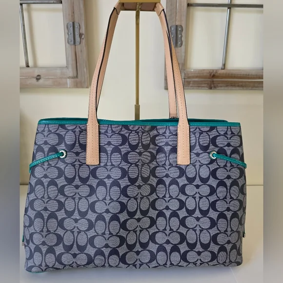 Coach Signature Stripe Large Carryall Tote-Navy Denim Look, Jade Green Stripe - Picture 7 of 16